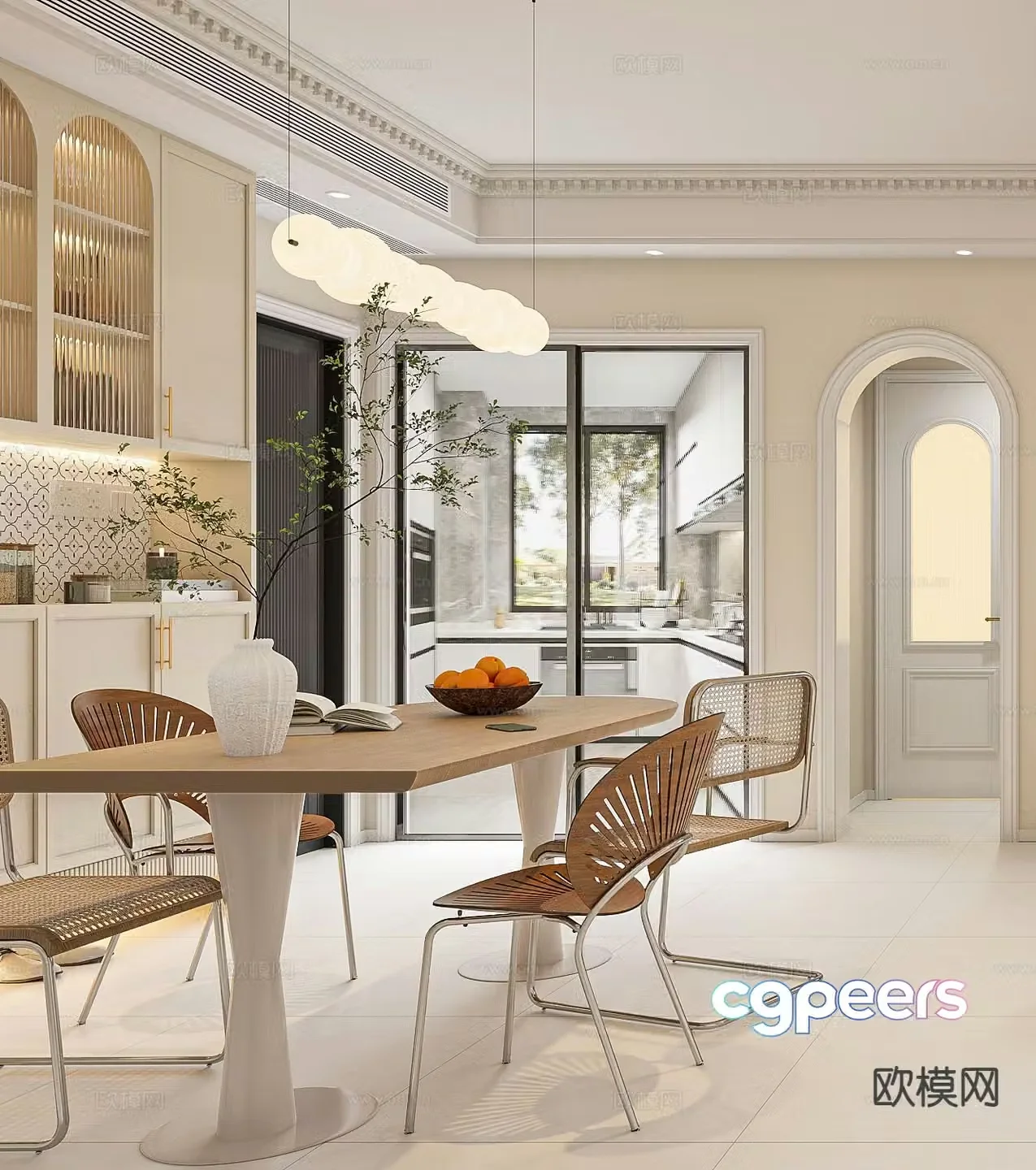 Cream style dining table and chairs strip dining table 3d model