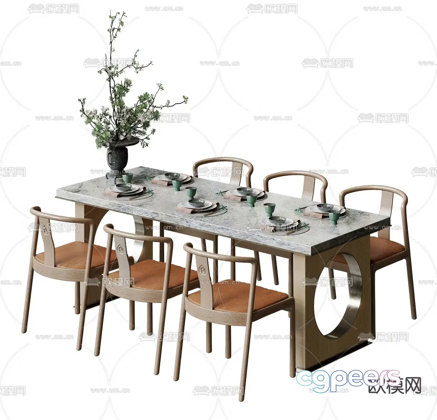 New Chinese style dining table and chairs slate dining table 3d model