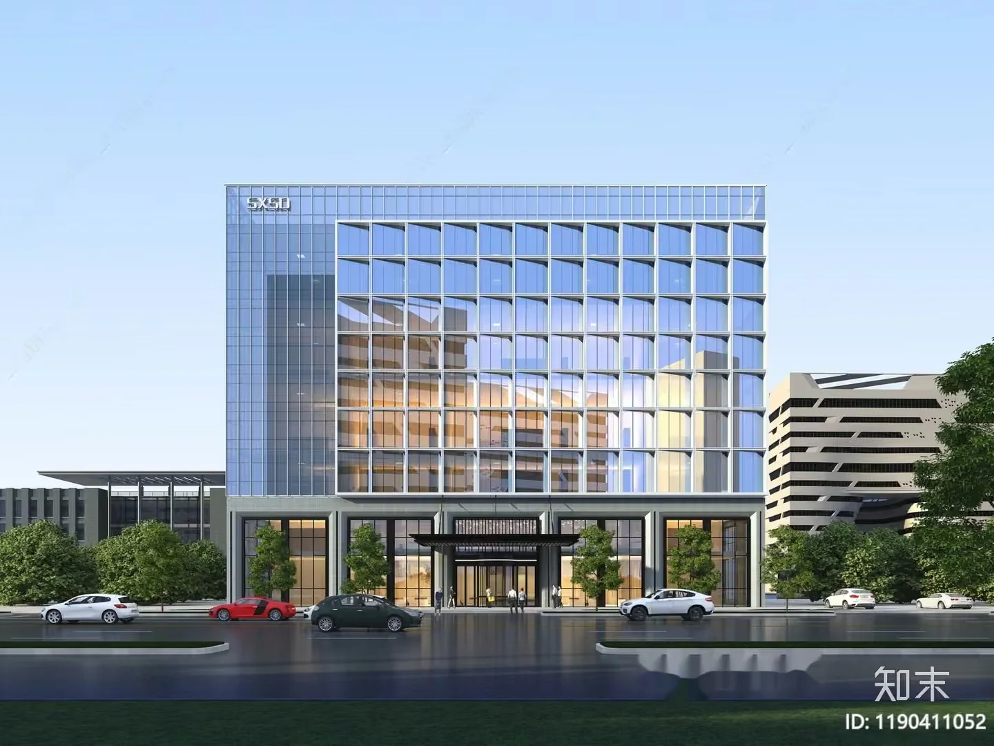 A Modern Multi-Story Building With A Glass Facade And A 3D Model – 10752 – VRAY Render