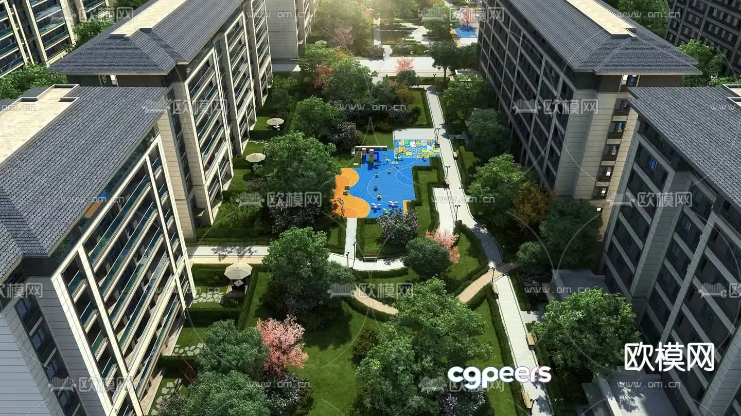 3D model of inner courtyard landscape of new Chinese style community