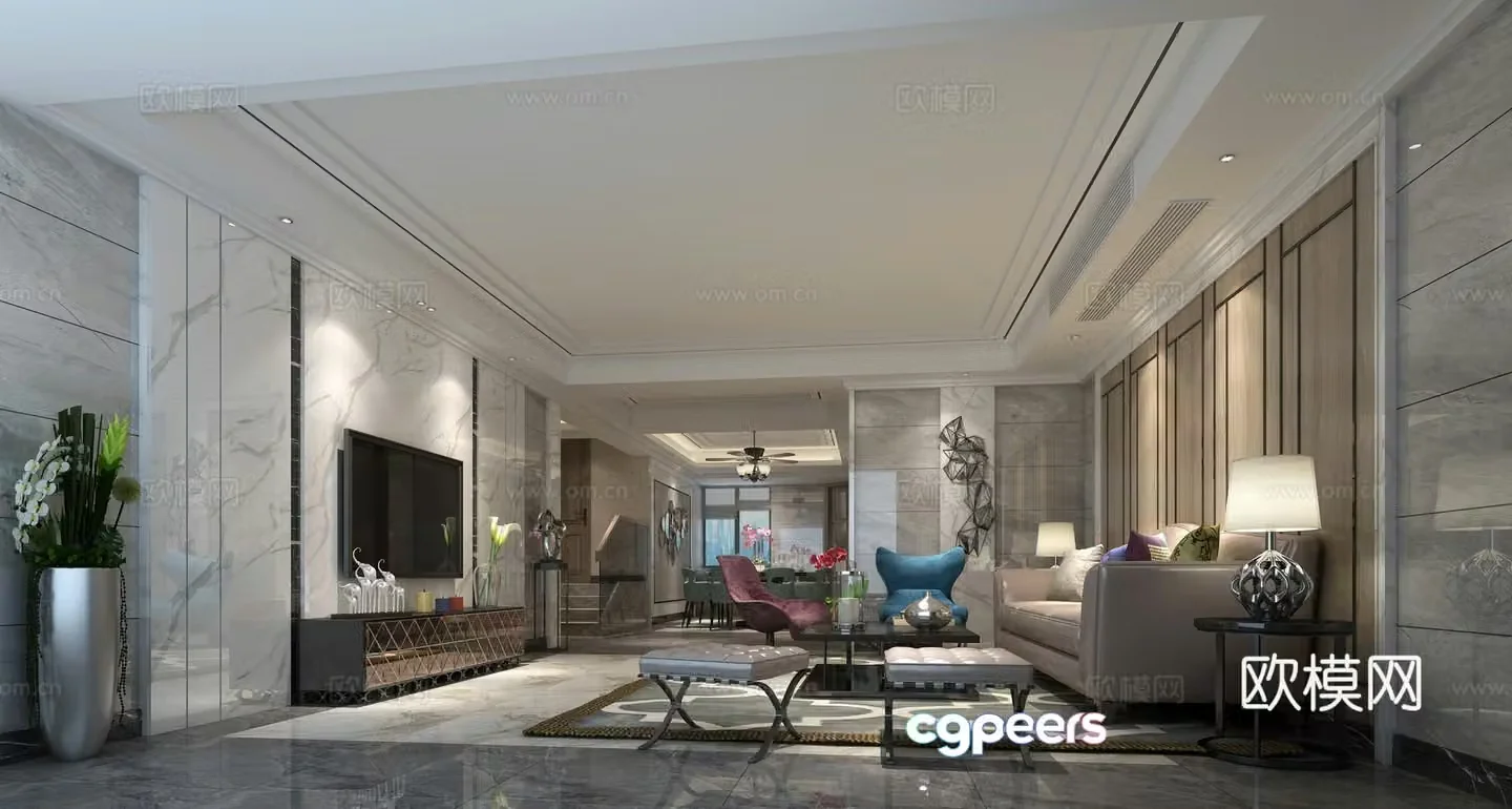 Modern postmodern light luxury dining room background sofa TV cabinet dining table chair 3d model