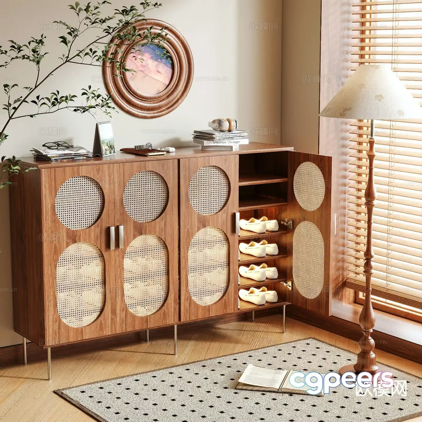 Log style shoe cabinet low cabinet rattan cabinet 3D model