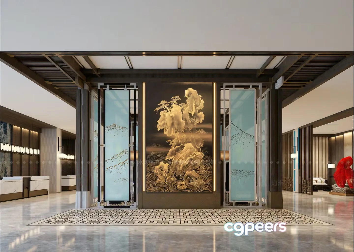 A Large Gold-Colored Painting Of A Tree In A Room With A Modern 3D Model – 18312 – VRAY Render