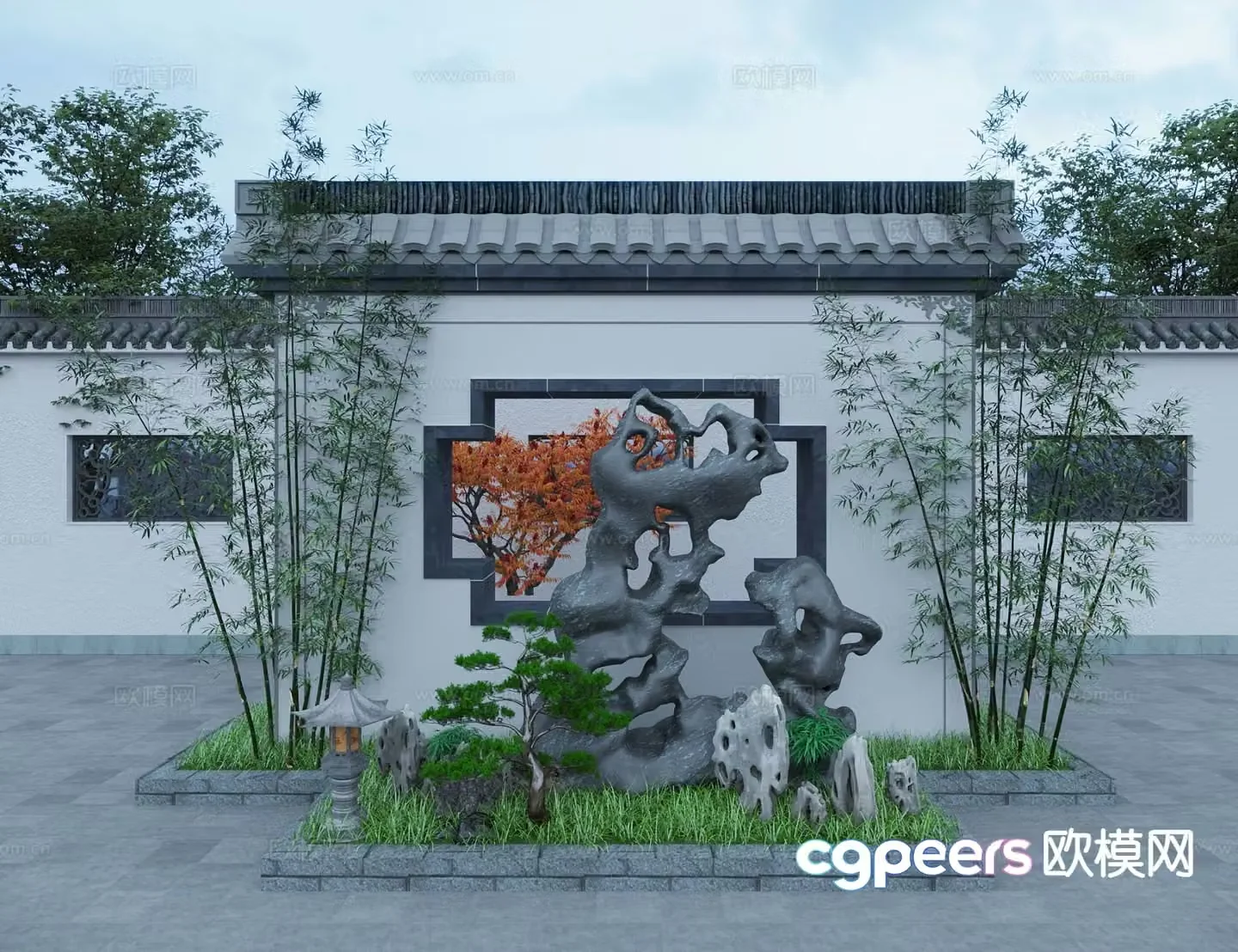 New Chinese style courtyard landscape wall entrance landscape wall rockery landscape wall 3D model
