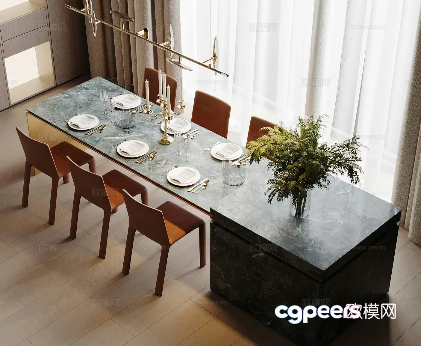 Modern island dining table and chairs 3d model