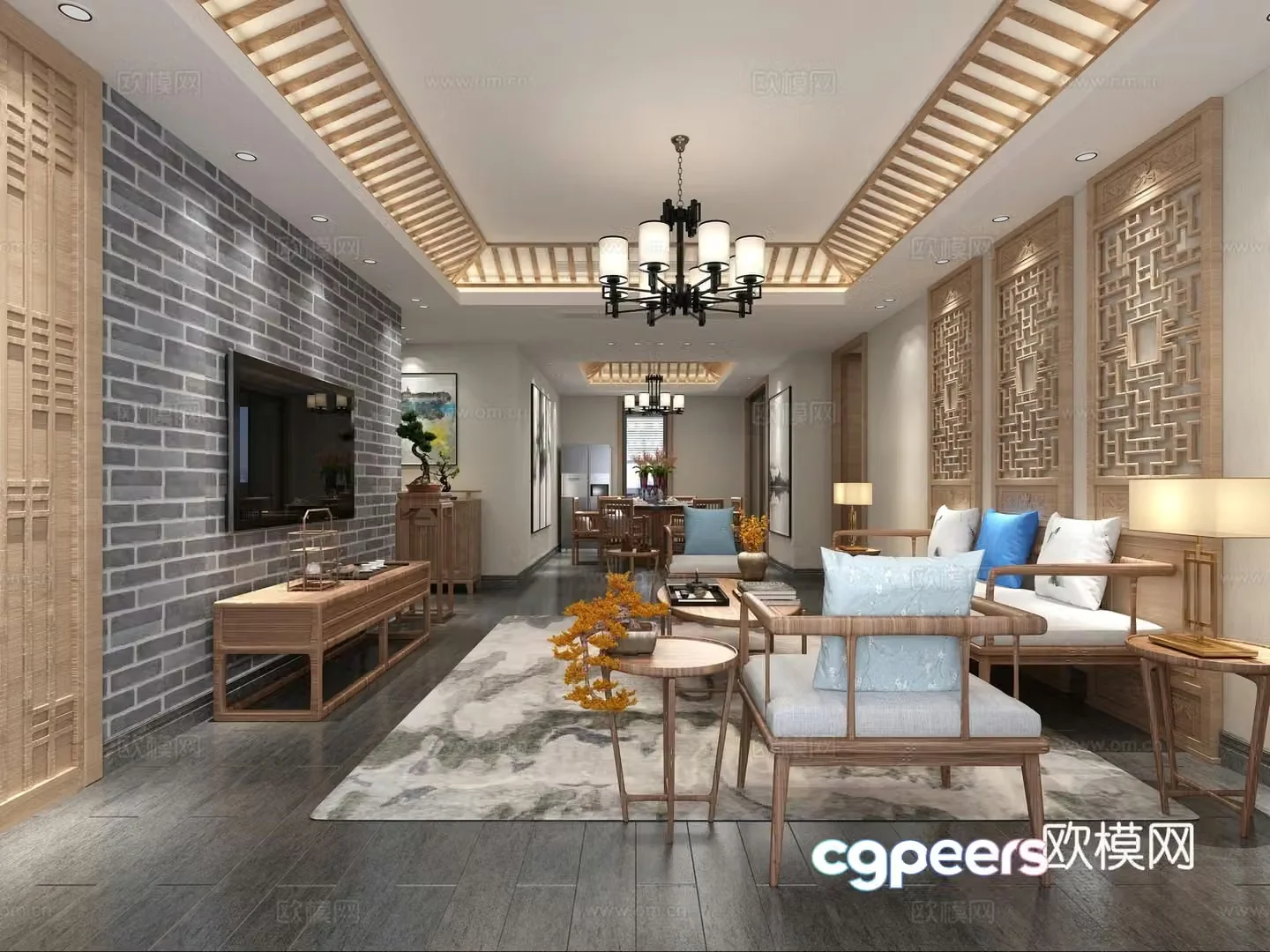 Chinese living and dining room sofa decoration coffee table chandeliers TV cabinet carpet 3d model