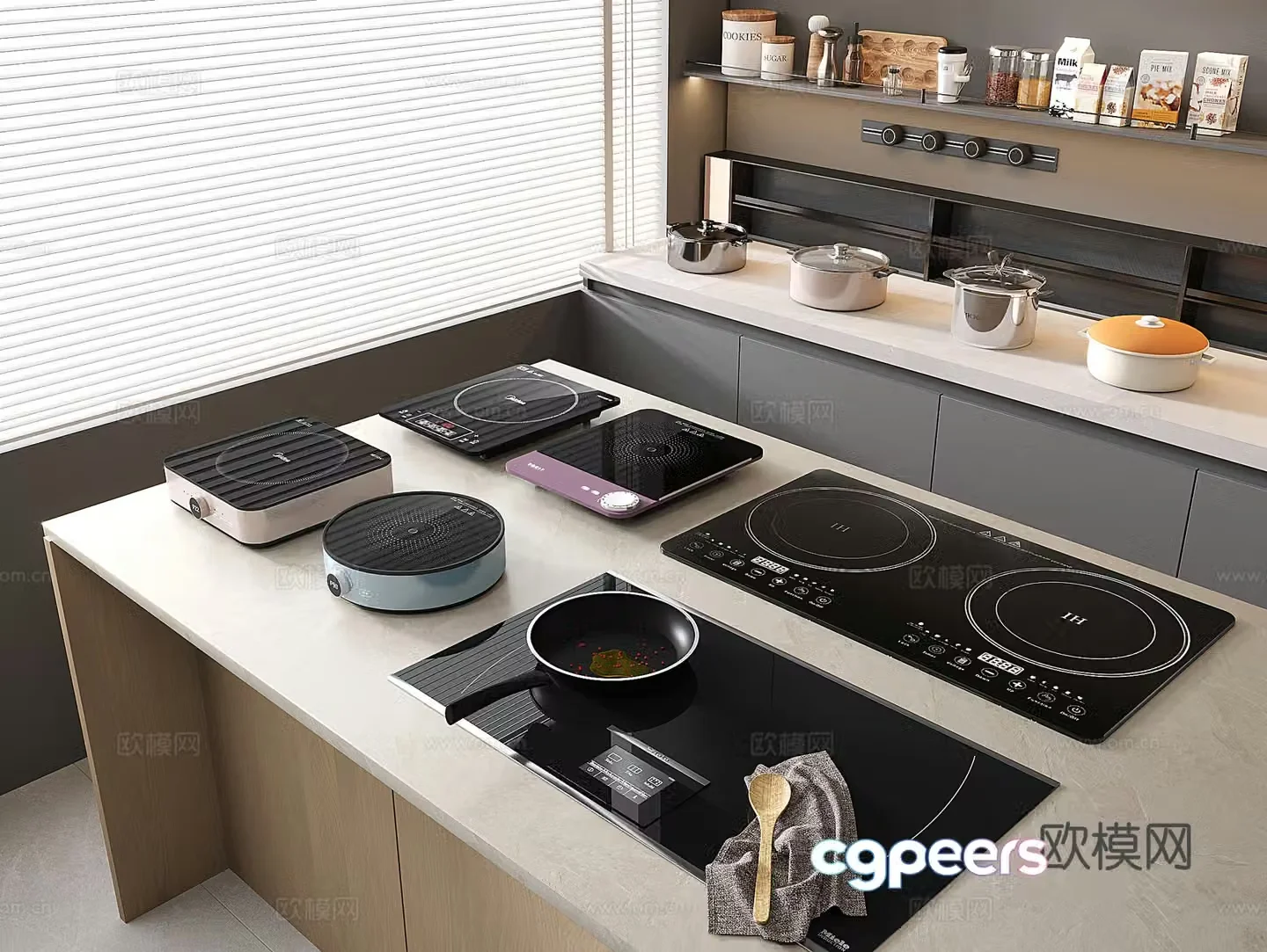 Modern kitchen stove induction cooker embedded integrated panel double stove 3D model