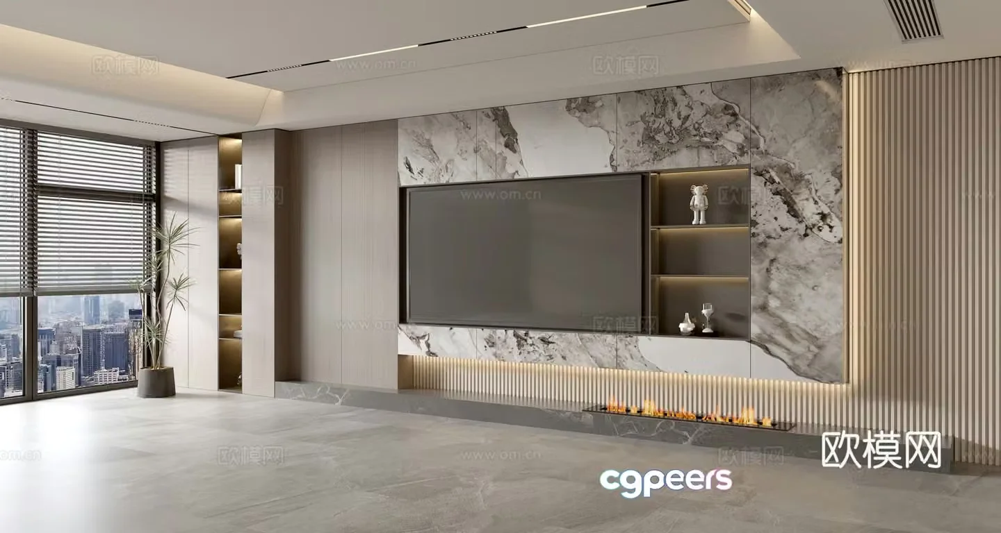 Modern Italian living room light luxury TV background wall full wall TV cabinet marble background wall 3d model