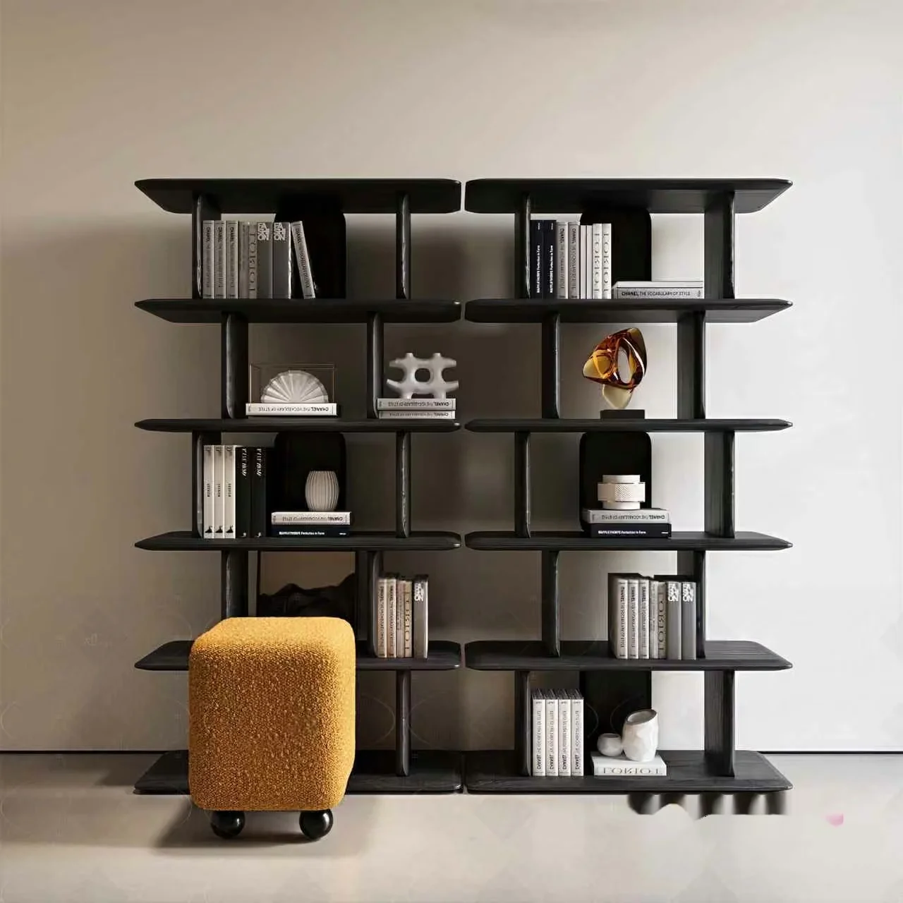 A Bookshelf With A Yellow Stool In Front Of It 3D Model – 1712 – CORONA Render