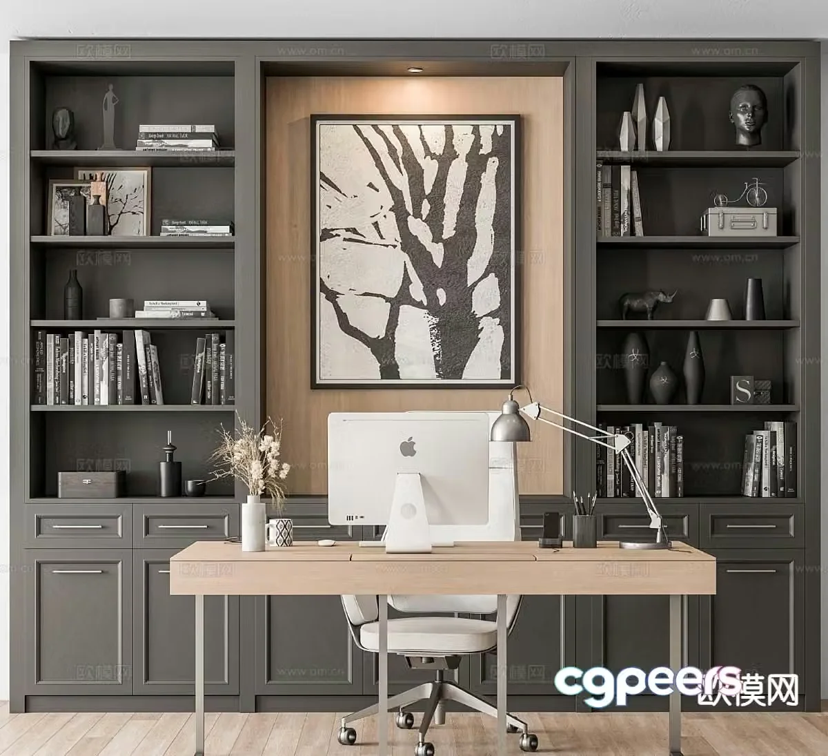 American desk bookcase study furnishings office chair 3d model