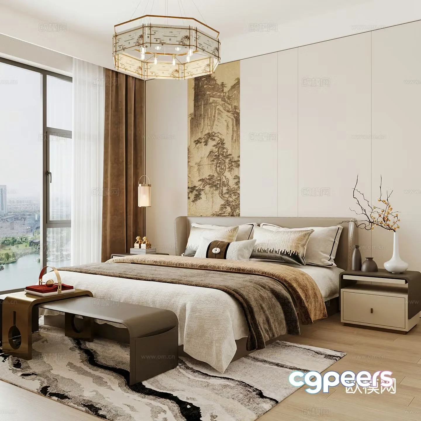 New Chinese style home bedroom Song family aesthetic bedroom Song style bedroom New Chinese style double bed 3D model