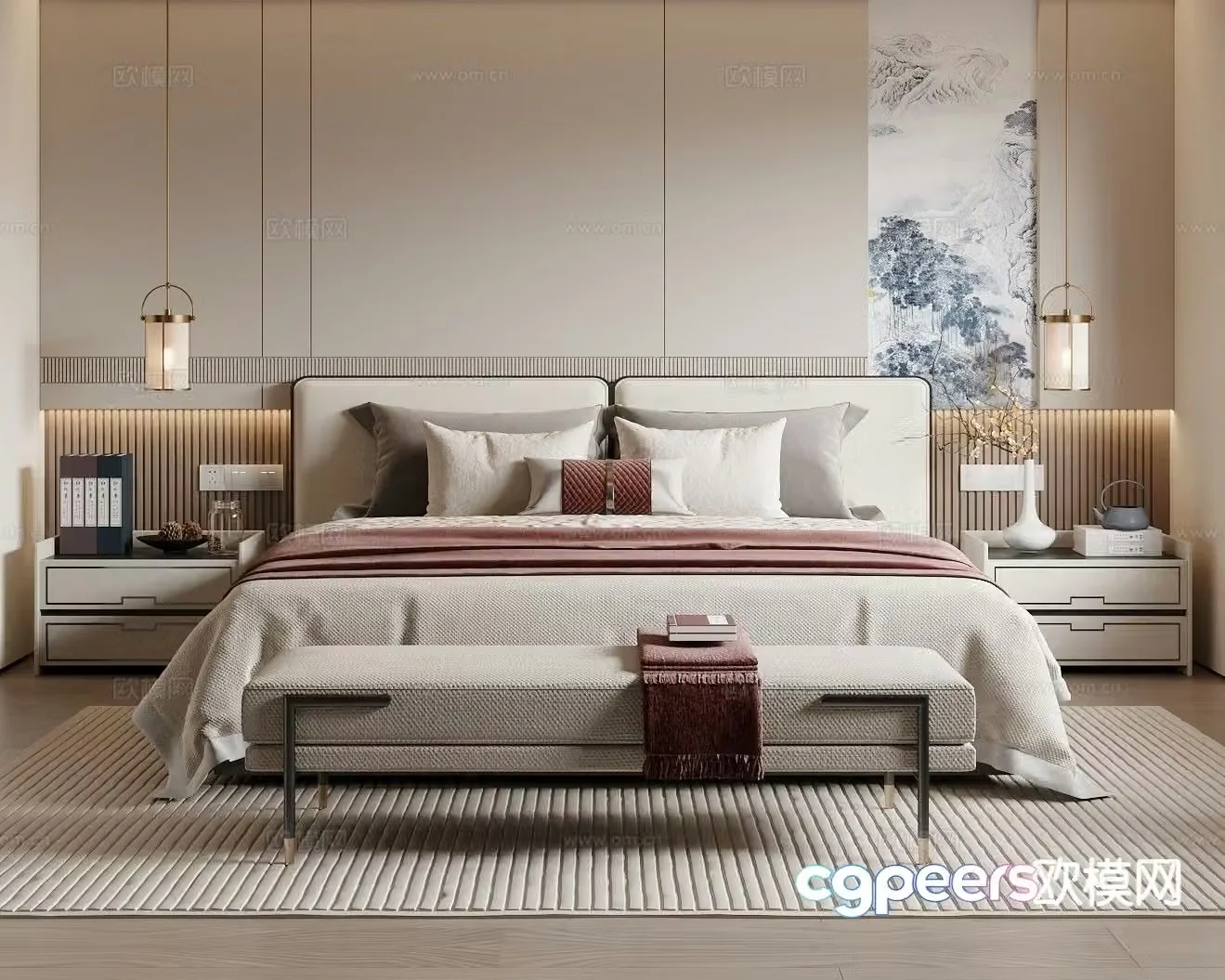 New Chinese style double bed 3d model