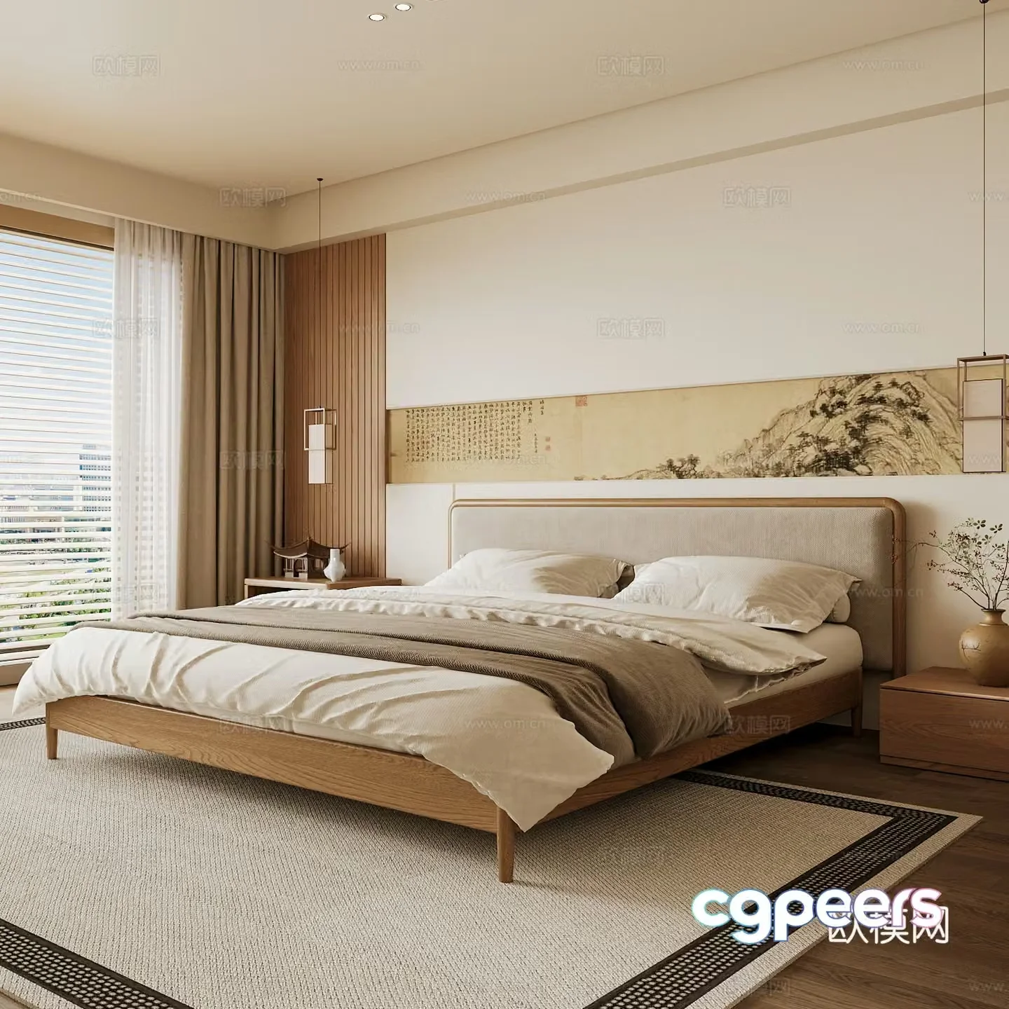 New Chinese style home bedroom Song family aesthetic bedroom Song style bedroom New Chinese style double bed New Chinese 3D model