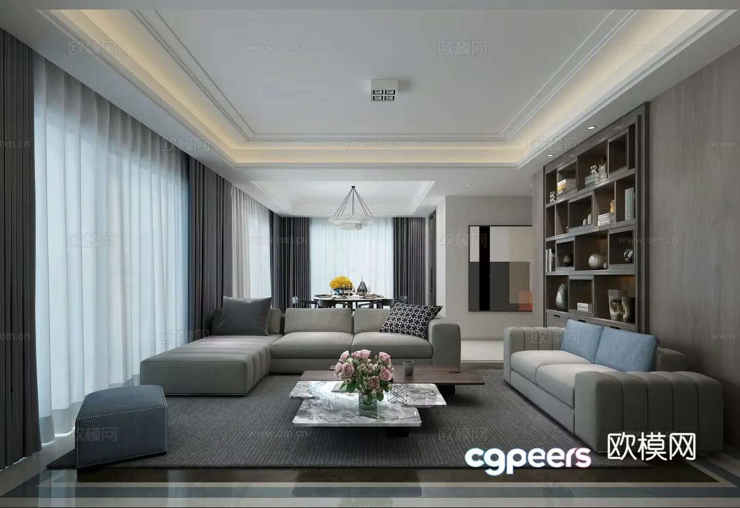 Modern living and dining room sofa coffee table chandeliers TV cabinet hanging painting side cabinet dining table chair 3d model
