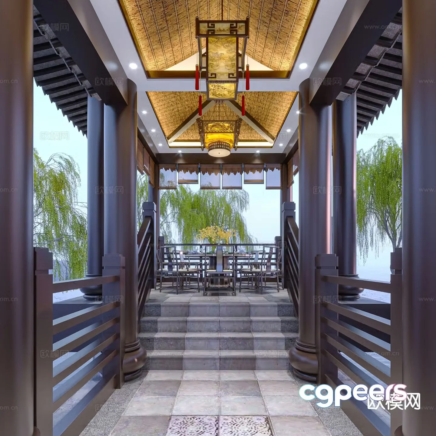 Chinese style ancient building corridor corridor 3D model