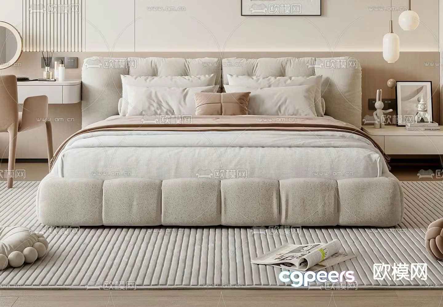 Cream style double bed 3d model