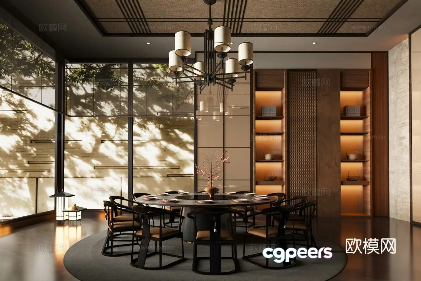 New Chinese-style tea room home tea room club tea room round table tea room tea table and chair combination 3D model