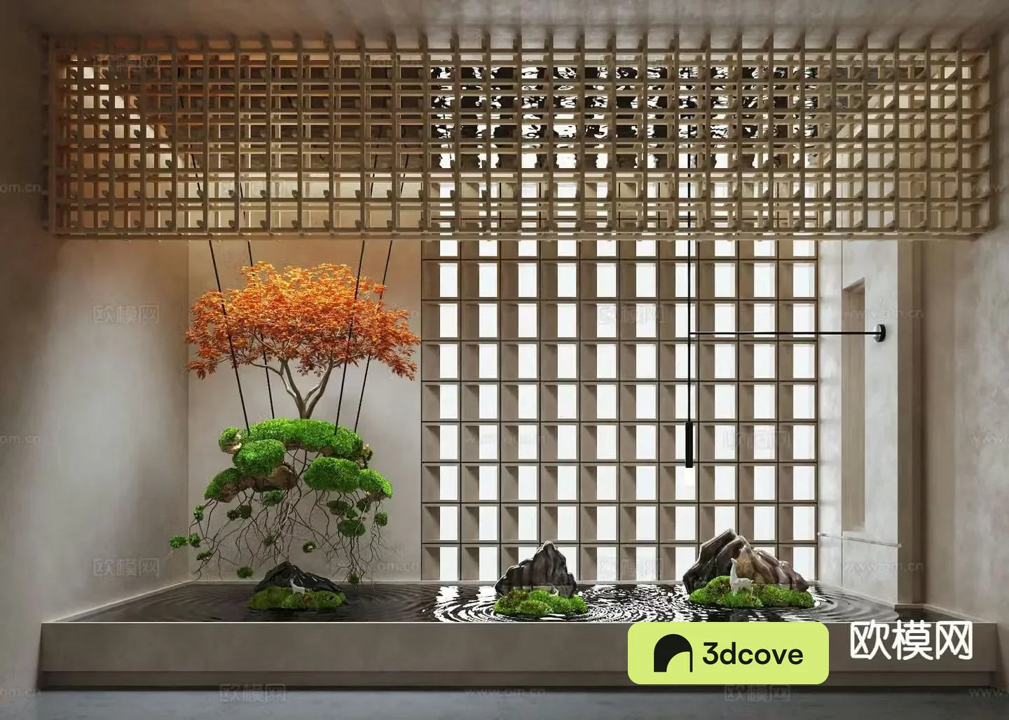 Modern indoor waterscape hanging plants plant installation indoor landscaping