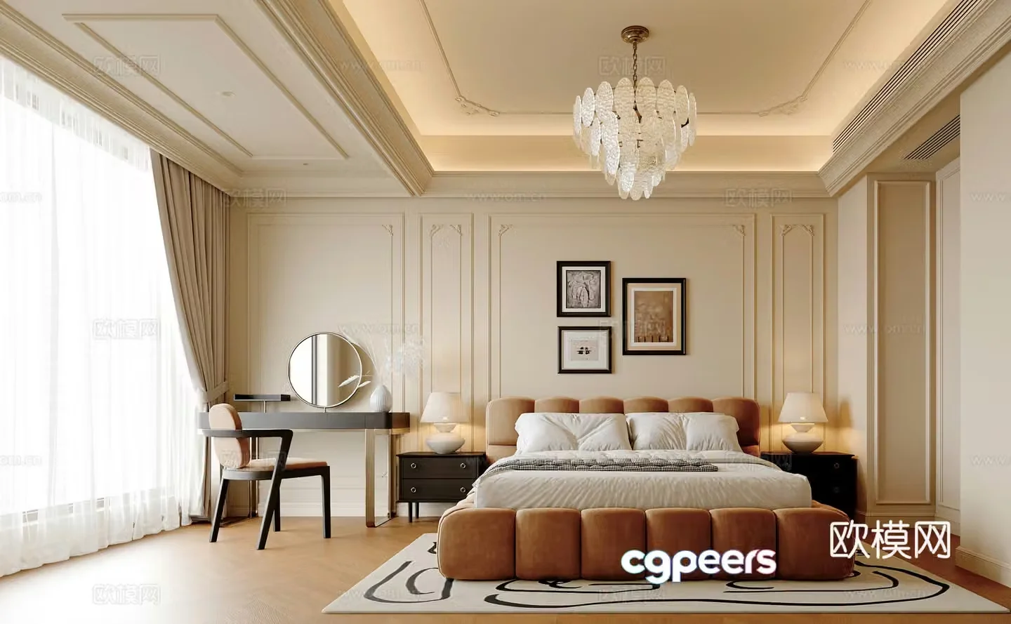 Modern French home bedroom master bedroom double bed dressing table hanging painting chandeliers 3d model