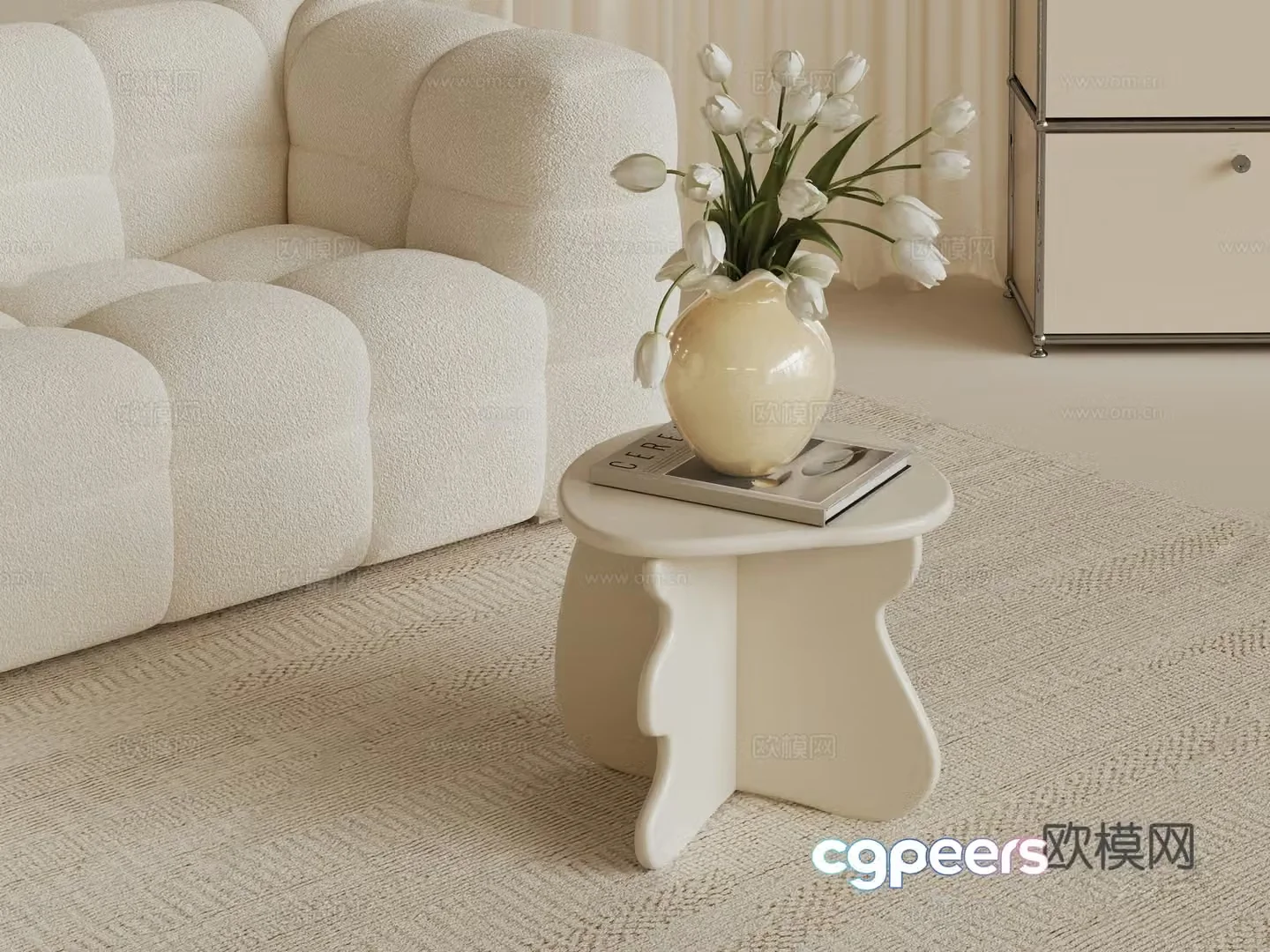 French cream side corners round table small vase three-person sofa sofa 3d model