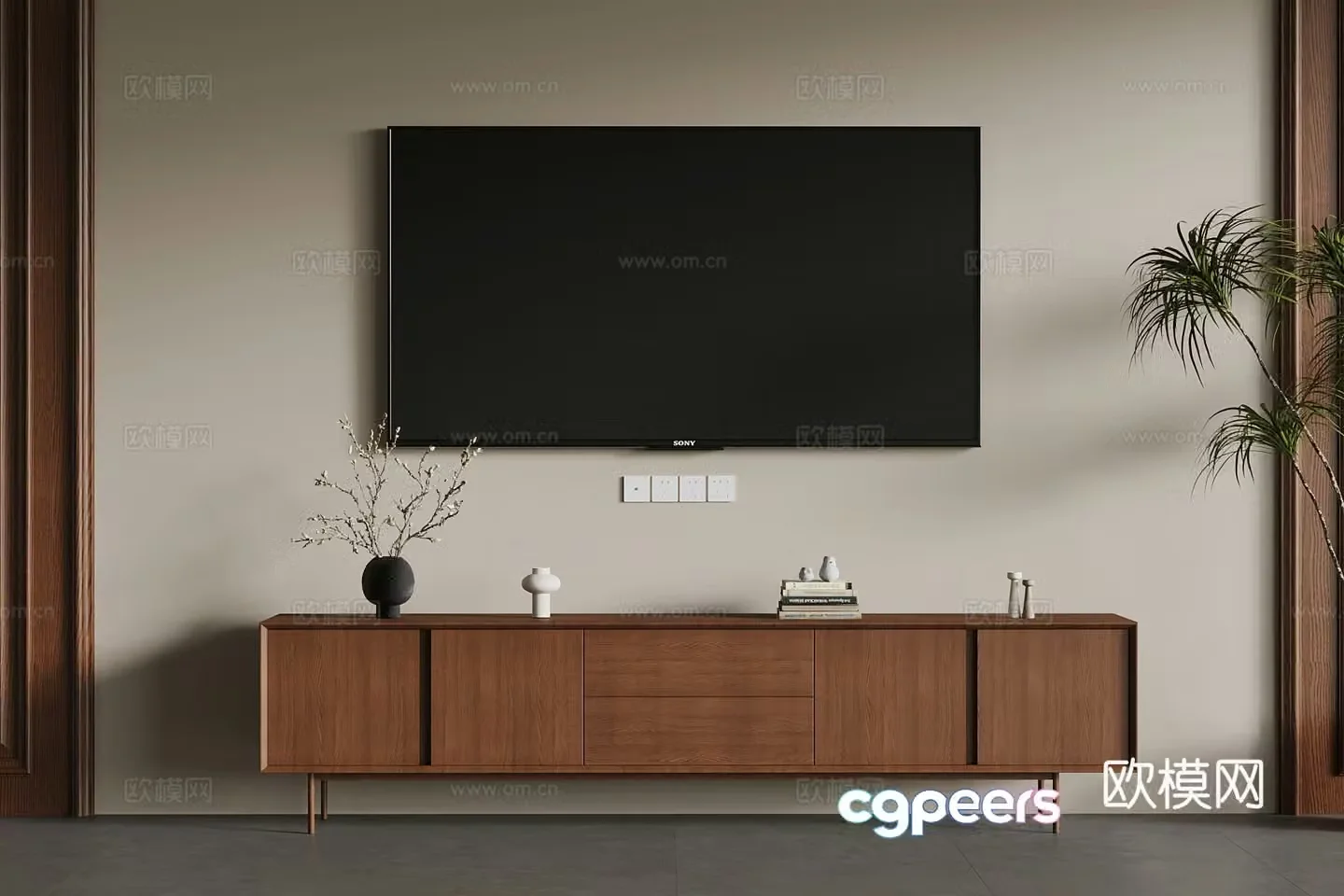 Middle-aged TV cabinet wall-mounted TV TV background wall decorative ornaments 3D model