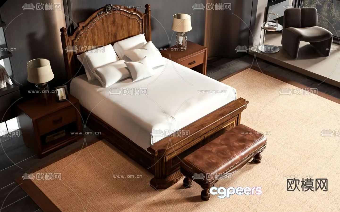 American double bed 3d model
