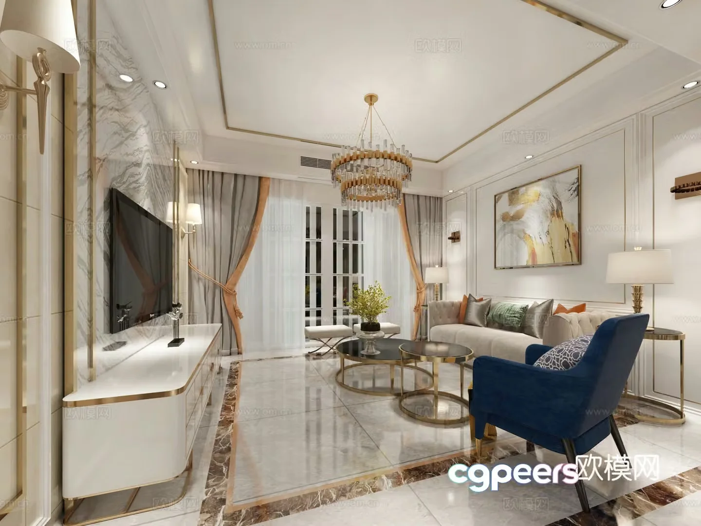 Simple European style living and dining room sofa coffee table TV cabinet hanging painting chandeliers 3D model