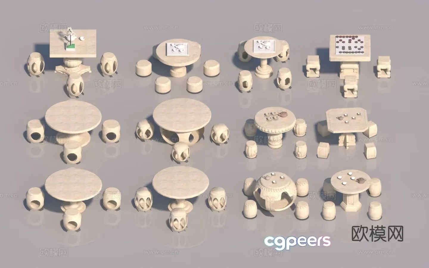 Chinese style stone tables and chairs outdoor tables and chairs round tables stone stools 3D model