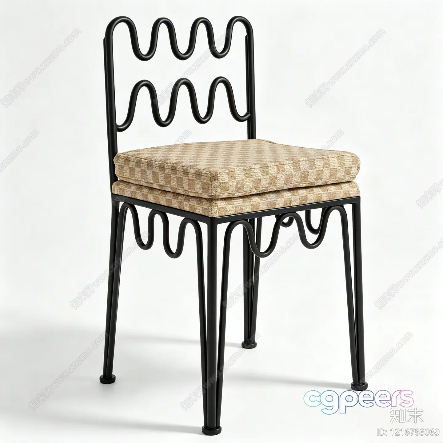 A Black Metal Chair With A Tan And White Checkered Cushion 3D Model – 15806 – VRAY Render