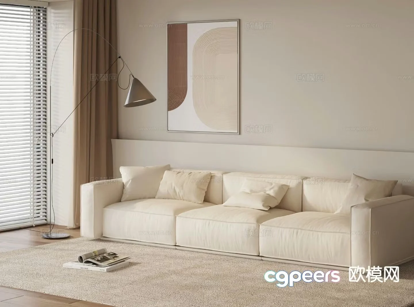 Cream style three-seat sofa 3D model