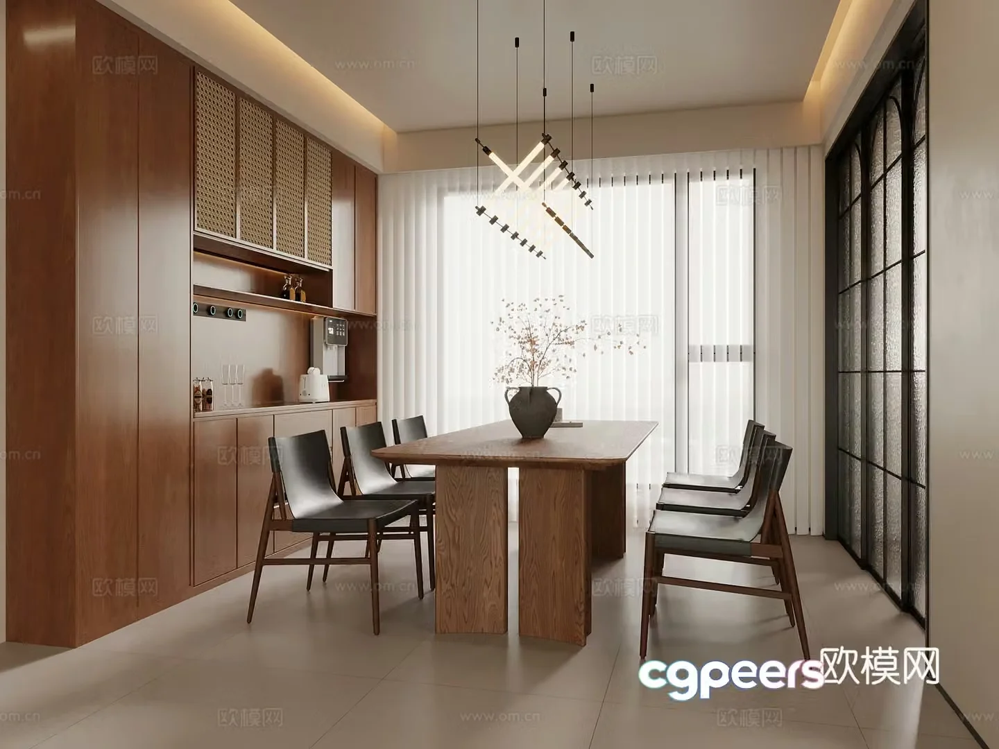 Middle-aged restaurant wine cabinet sideboard dining table chair chandeliers 3d model