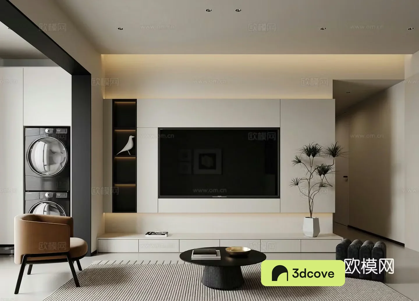 Modern living room TV background wall TV cabinet ornaments decorations leisure chair black white gray