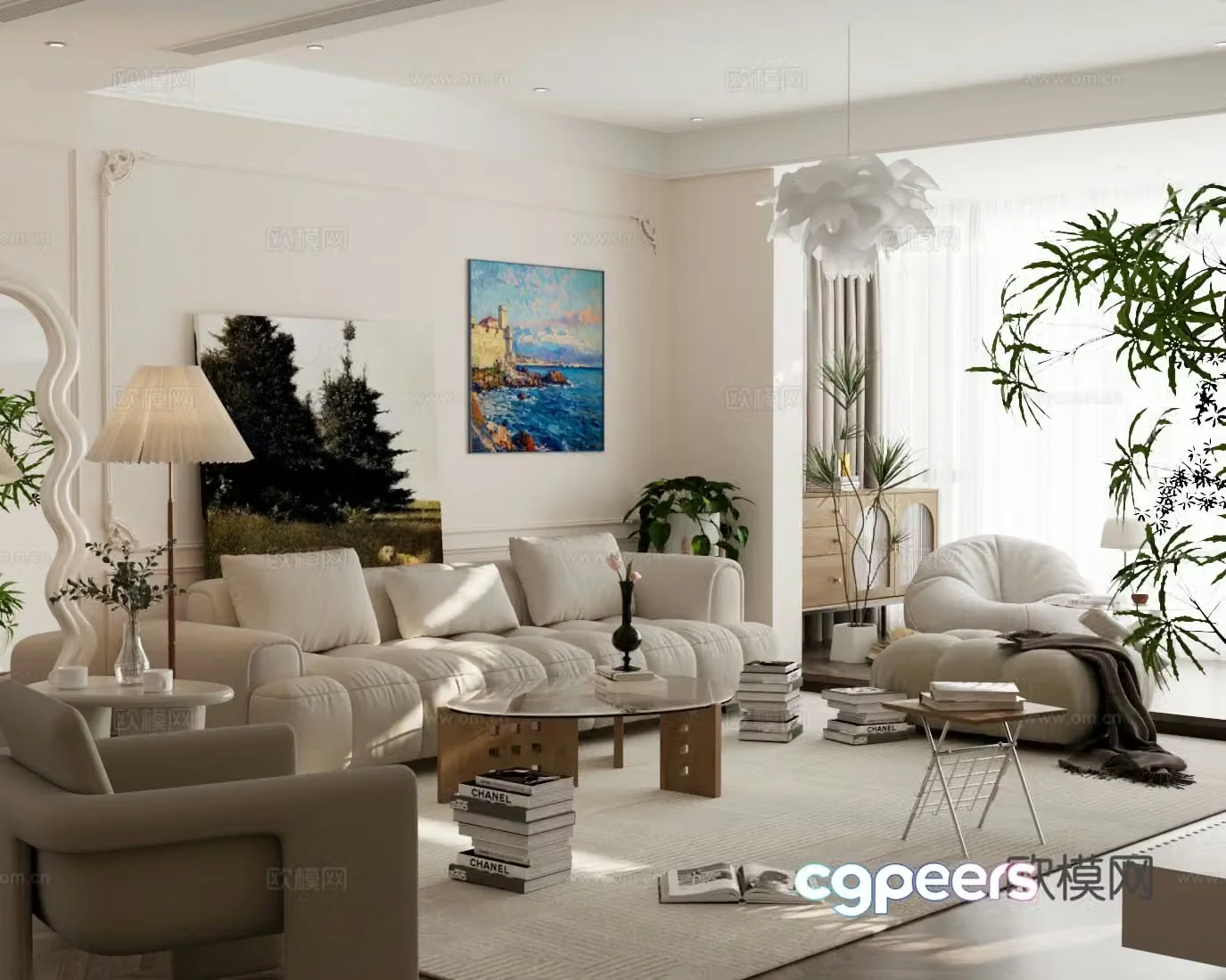 Cream home living room sofa coffee table combination decorative painting carpet floor lamp 3d model