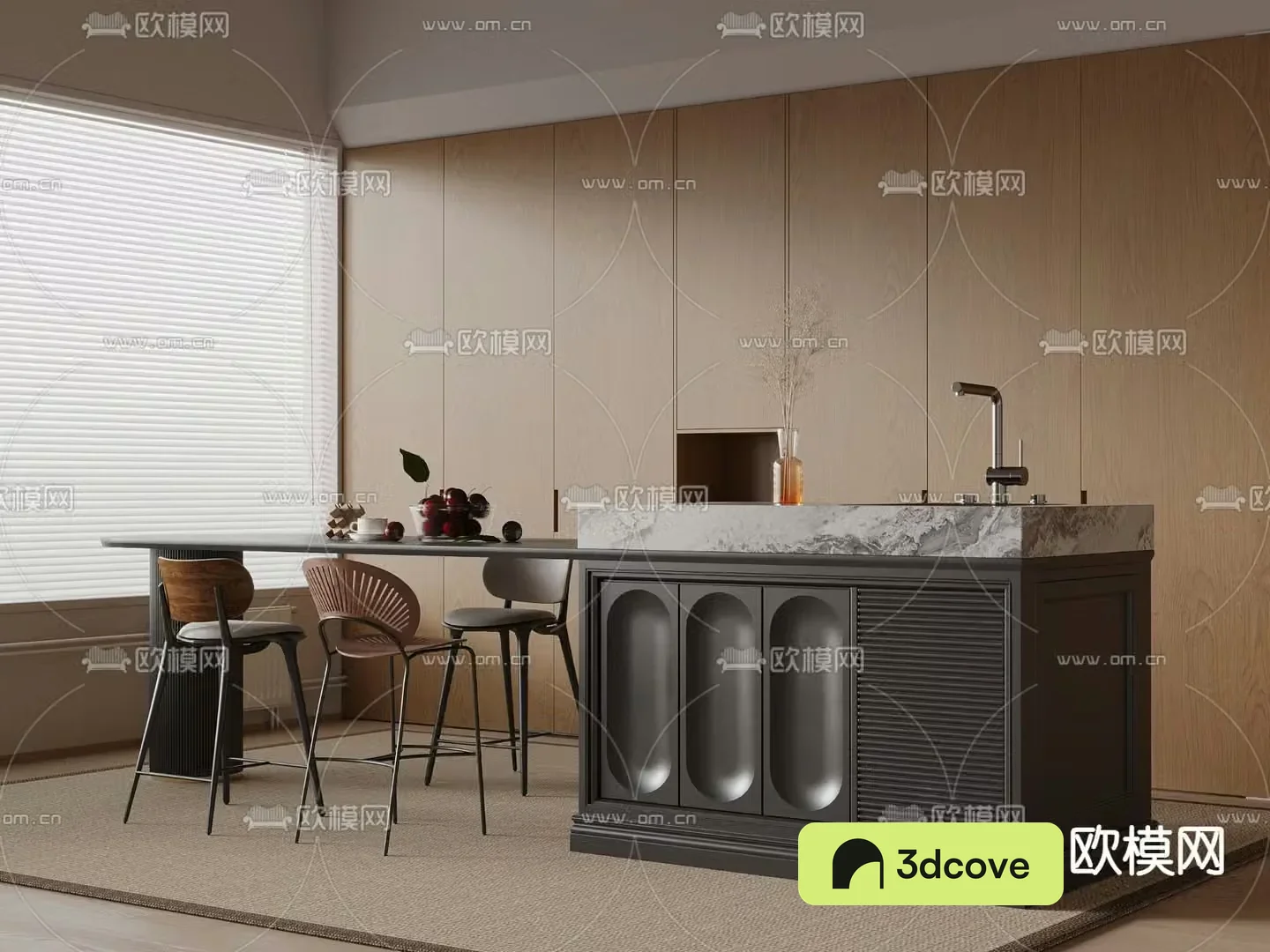 Middle style dining table and chairs Island dining table 3D model