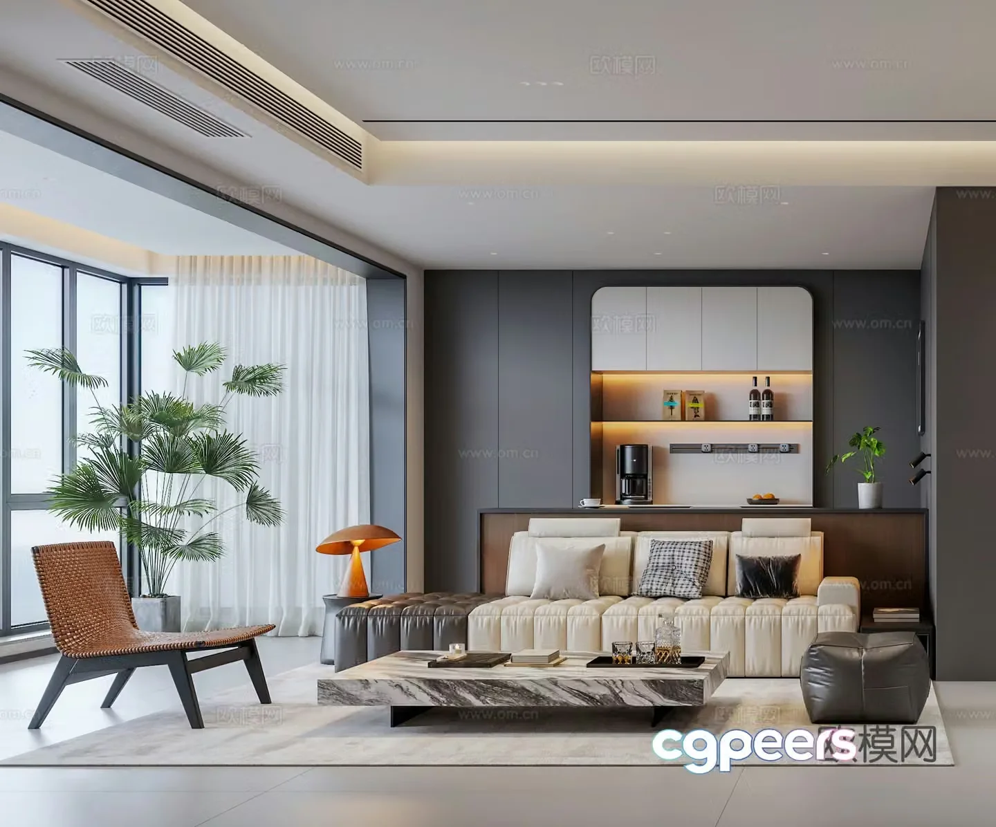 Modern Italian black white and gray living room 3D model