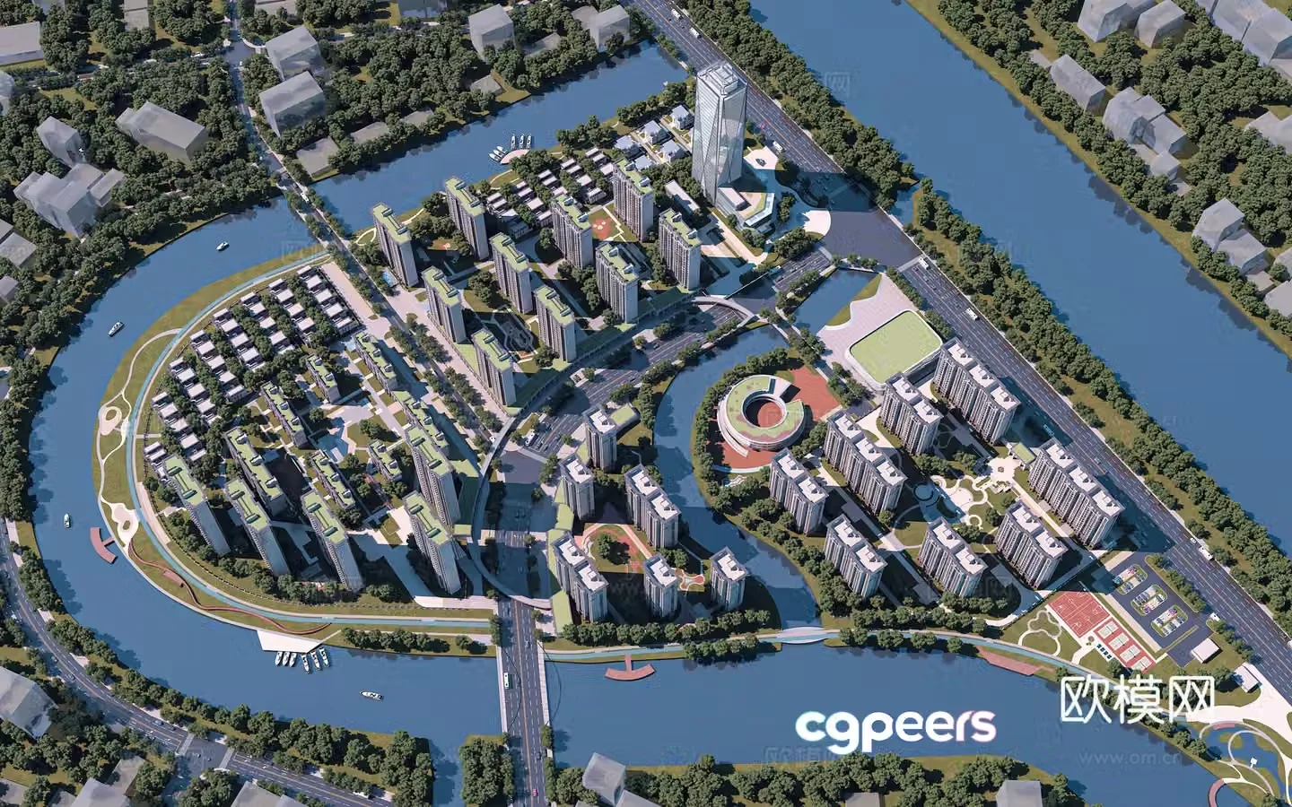 A bird’s eye view of modern residential buildings Modern urban planning Modern resettlement housing Residential commercial complex 3D model