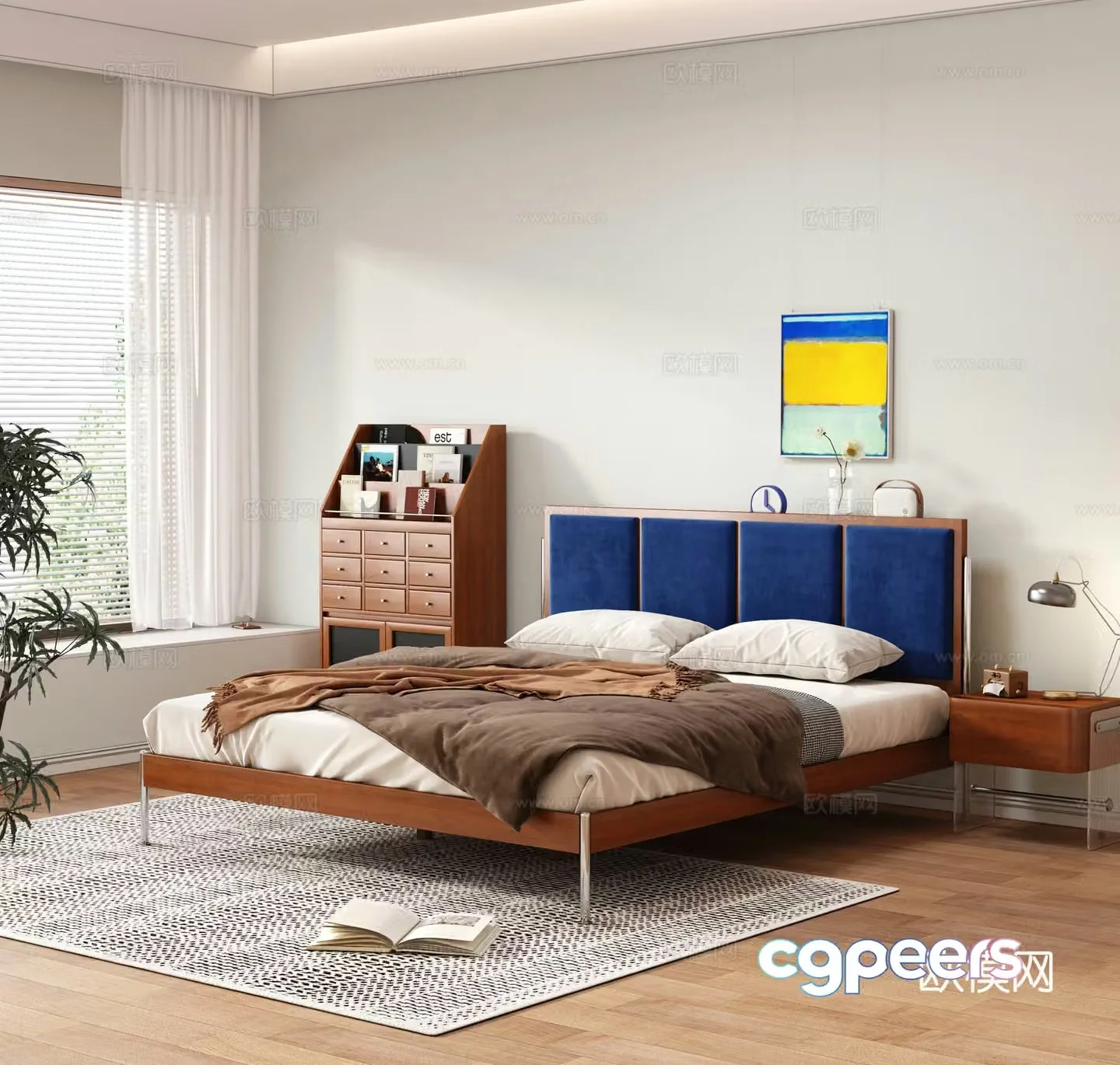 Medium retro double bed solid wood bed master bedroom bed finished double bed solid wood bed nightstand 3D model