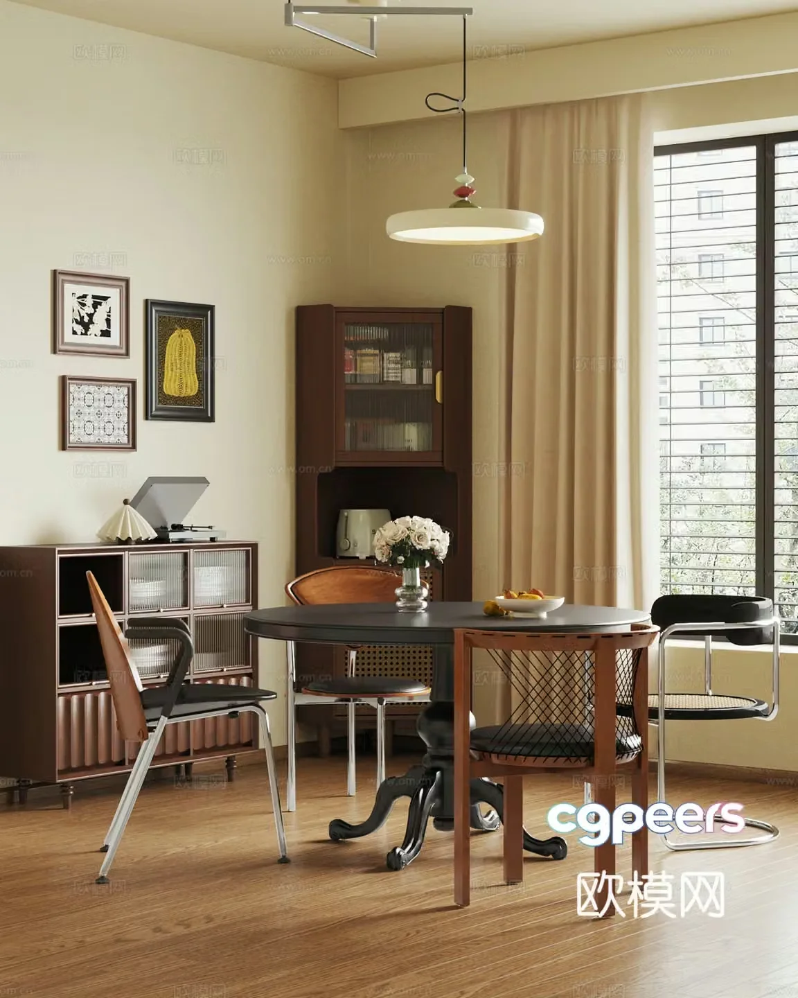 Middle style restaurant dining table and chairs corner cabinet wine cabinet 3d model