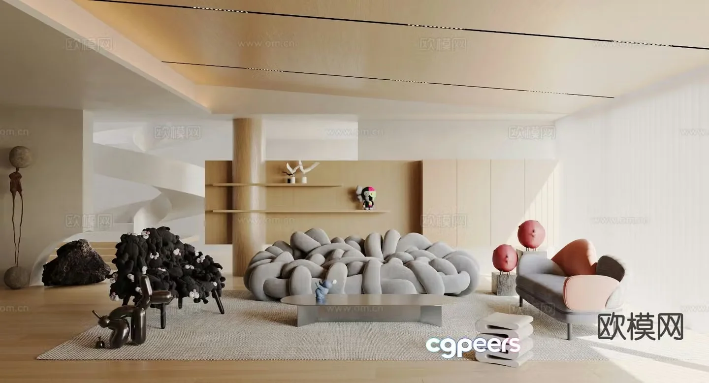 3D model of log style living room