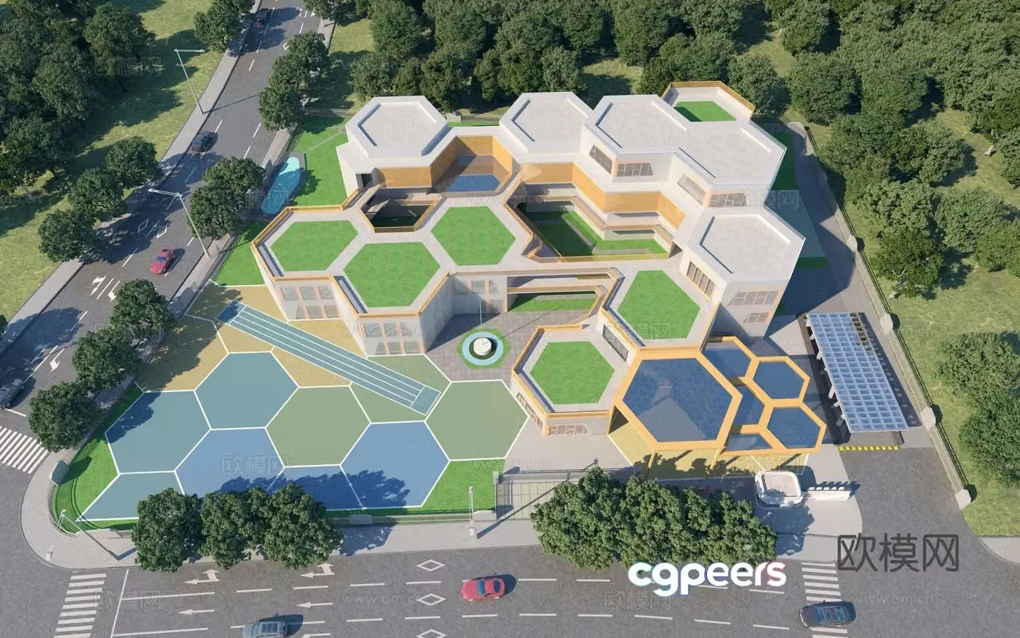Modern kindergarten kindergarten aerial view 3d model