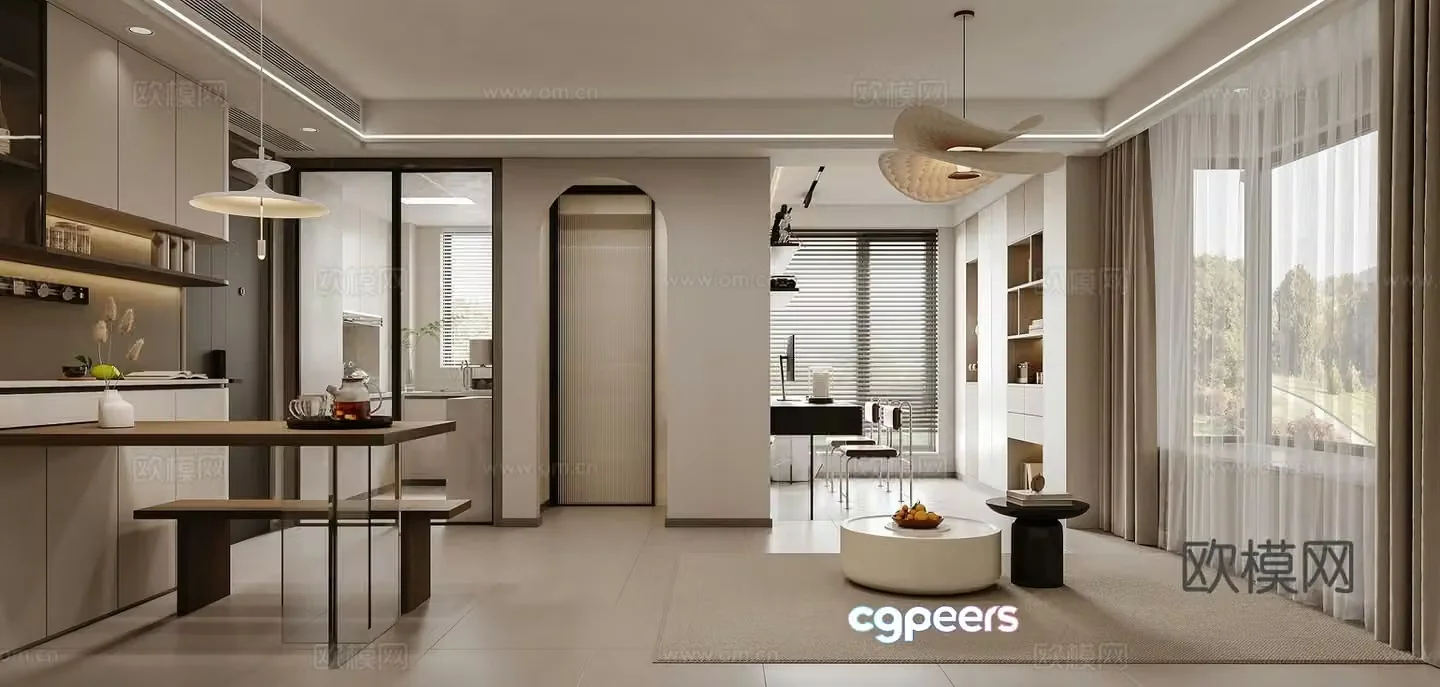 Modern living and dining room small apartment 3D model
