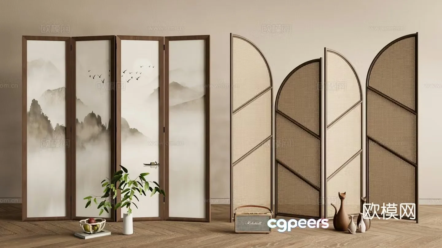 New Chinese style screen entrance screen rattan screen 3D model