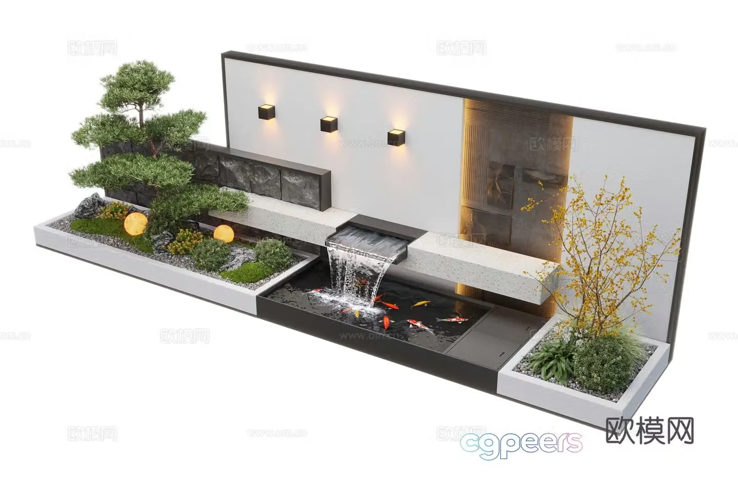 Modern courtyard waterscape waterscape wall stacked water landscape plants fish pond 3d model