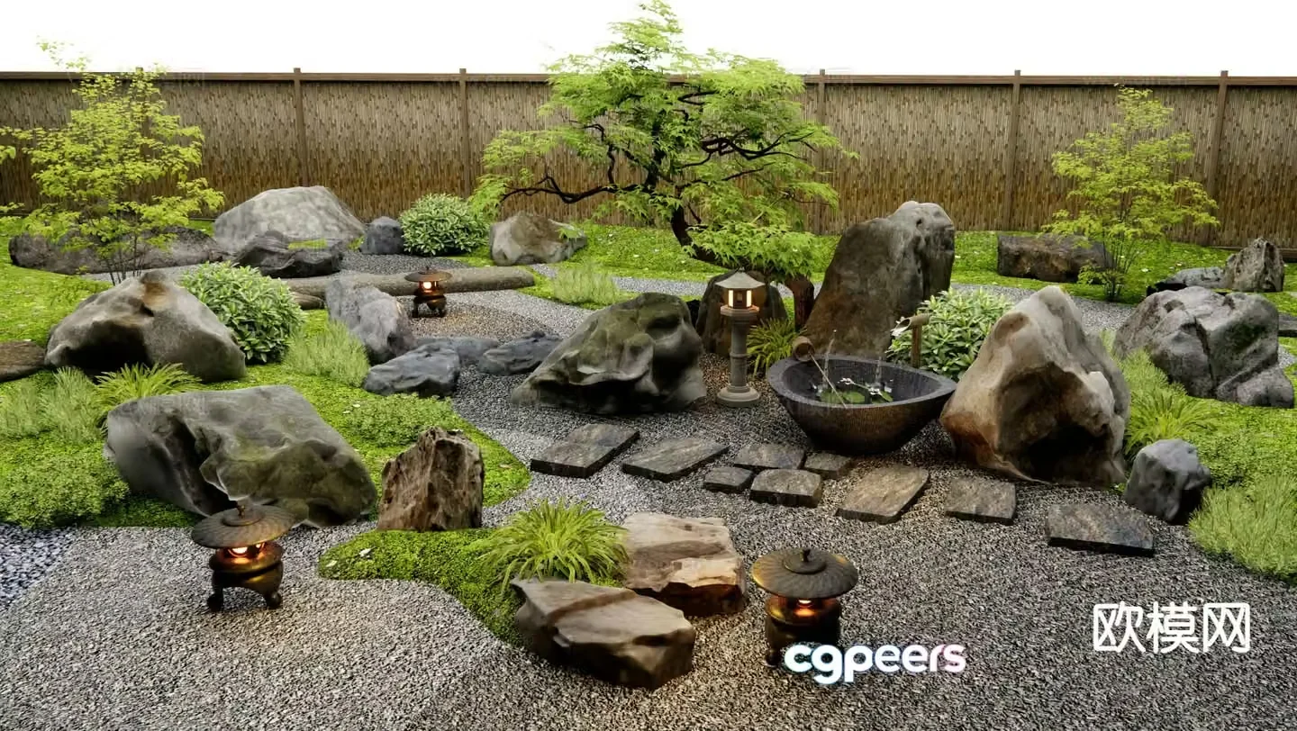 Dry landscape landscape garden road paving flowing water bowl 3D model