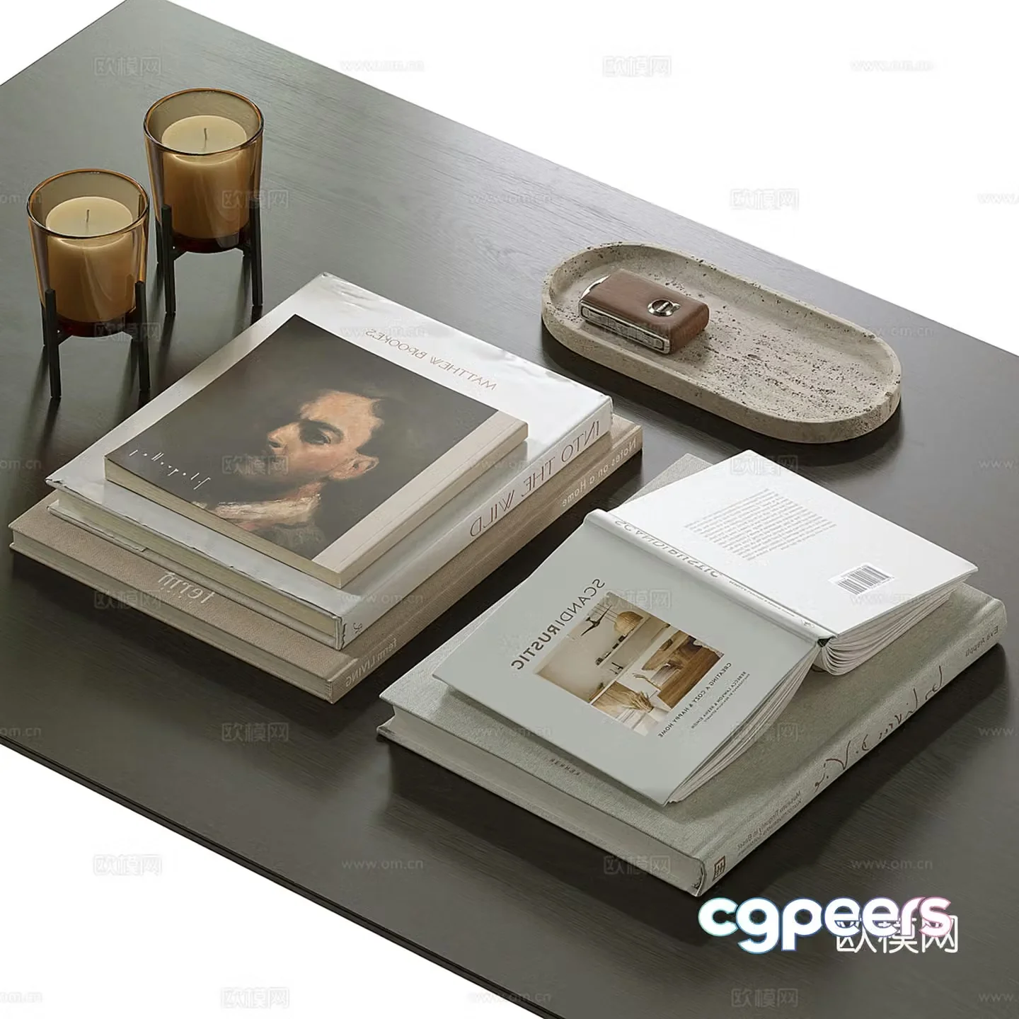 Modern desktop accessories books candles 3d model