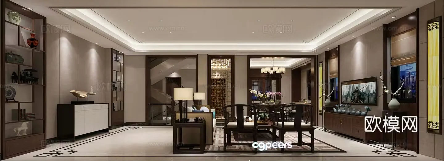 Simple new Chinese style living and dining room sofa coffee table carpet chandeliers ornaments TV cabinets 3D model