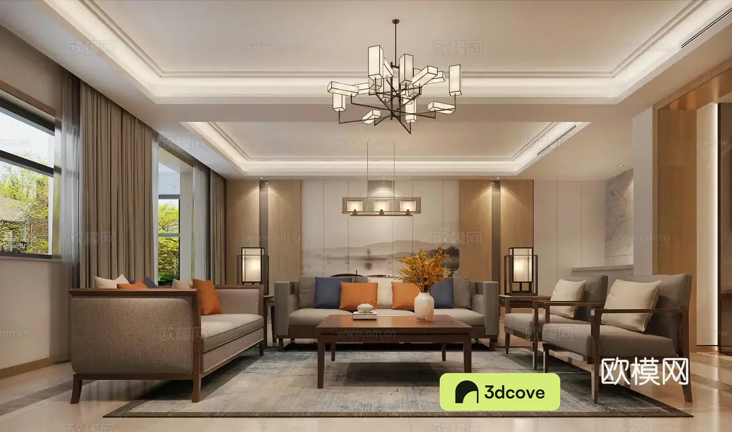 New Chinese style living and dining room kitchen water bar tea table leisure area sofa coffee table hanging