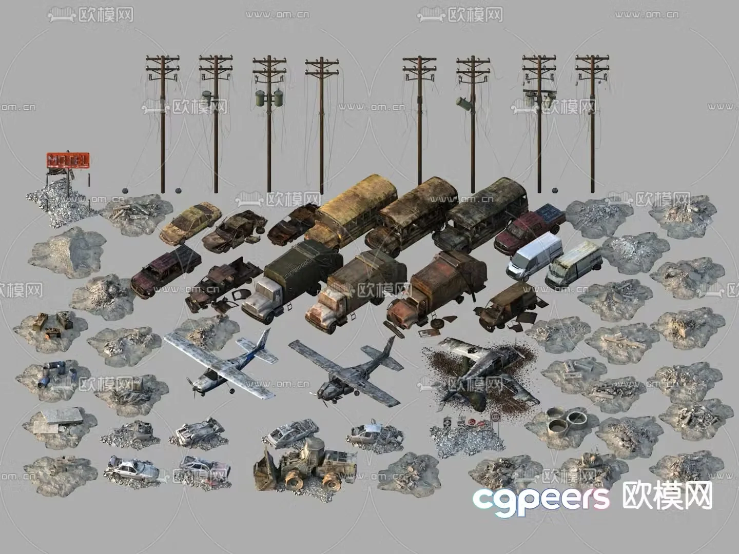 Car wreckage ruins 3d model