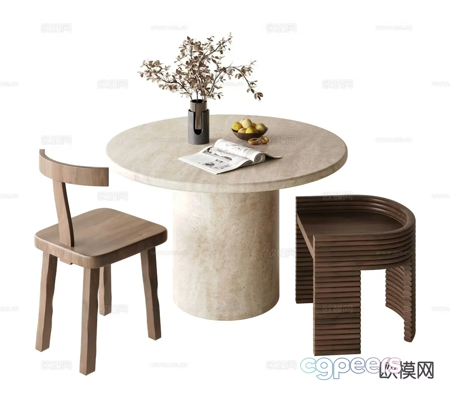 Wabi-sabi style dining table and chairs 3d model