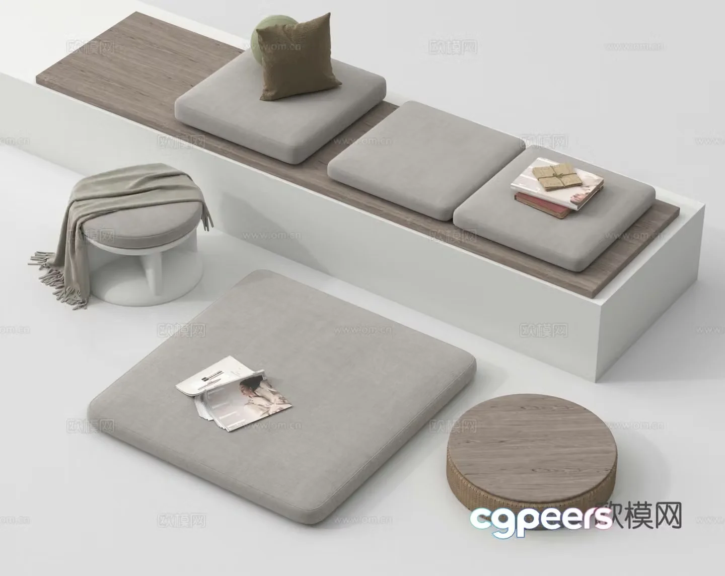 Stool futon bay window cushion 3d model
